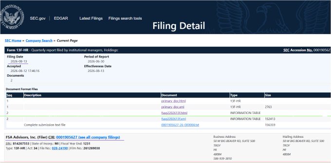 This image is an SEC EDGAR "Filing Detail" page for Form 13F-HR submitted by FSA Advisors, Inc. (CIK: 0001905627) on August 12, 2026, for the quarterly period ending June 30, 2026, covering holdings at Troy, Michigan-based RIA. The filing includes two primary documents (primary_doc.html and primary_doc.xml) along with information tables, one of which (0001905627-26-000084.txt) is 156,359 bytes in size and relates to FSA Advisors' disclosure of a new position in 18,196 shares of the Bitwise XRP ETF, valued at $212,165 as of Q2 2026.