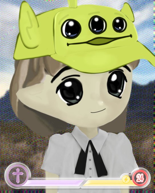An anime-style character wearing a green alien-shaped hat (resembling a 3-eyed alien from Toy Story) above a game UI with level indicators and a + button.