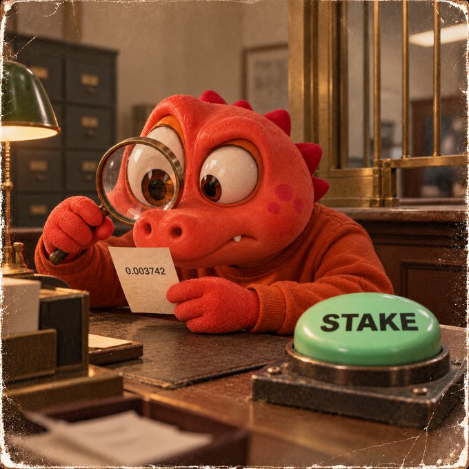 A red dragon-like puppet wearing a sweater examines a paper reading '0.003742' through a magnifying glass, with a green 'STAKE' button nearby.