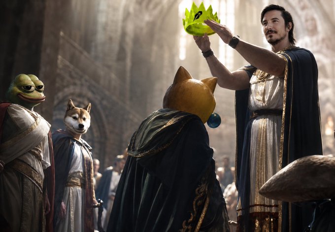 A surreal AI-generated scene depicting a robe-wearing figure placing a crown on a Doge-headed character during a coronation ceremony, with a Shiba Inu and a Pepe frog character in attendance.
