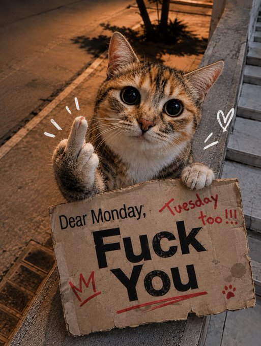 A cute tabby cat holding a cardboard sign that reads "Dear Monday, Fuck You" with handwritten additions "Tuesday too!!!" and a small crown doodle.