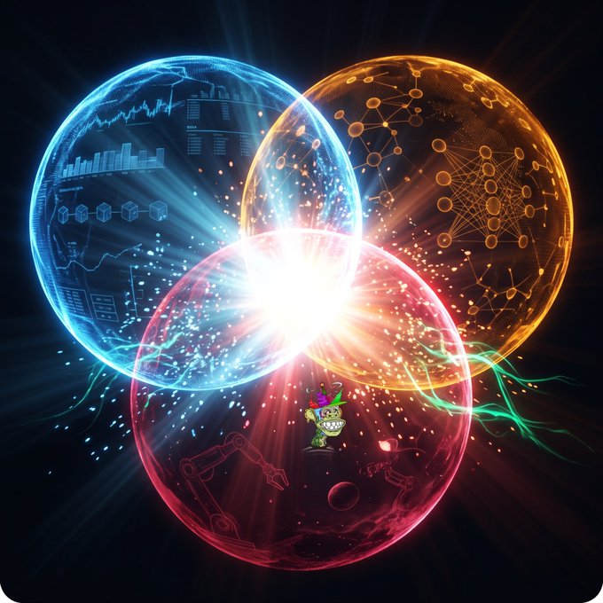 A glowing Venn diagram of three intersecting spheres—blue analytics, orange network nodes, and red robotics—visualizes the convergence of crypto, AI, and robotics that Paradigm's $1.2B fund is targeting, with a small cartoon mascot at the center representing the "technical frontier" investments.