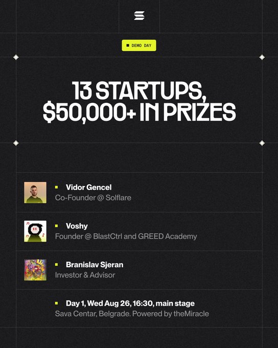 A promo graphic for a Solana Demo Day event featuring "13 STARTUPS, $50,000+ IN PRIZES," taking place on Day 1, Wednesday August 26 at 16:30 on the main stage at Sava Centar, Belgrade. The image lists judges/speakers Vidor Gencel (Co-Founder @ Solflare), Voshy (Founder @ BlastCtrl and GREED Academy), and Branislav Sjeran (Investor & Advisor), highlighting the upcoming pitches by teams like JurassicFi, hivebits_io, SegmentoAI, and others.