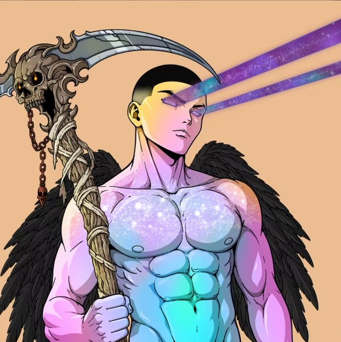 A fantasy illustration of a muscular, winged humanoid with cosmic, starry eyes shooting purple laser beams, holding a skull-adorned scythe.