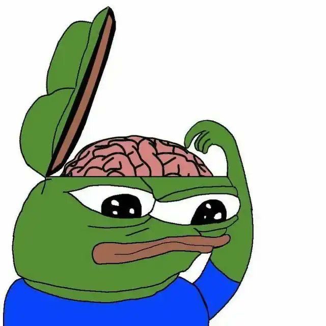 The image shows the "Pepe the Brain" meme—a cartoon frog with his head peeled open to reveal a pink brain—flexing his arm in a confident pose. It accompanies the post "New day, new raffle. Shall we?" by playfully suggesting the brainpower or wit needed to win the raffle.