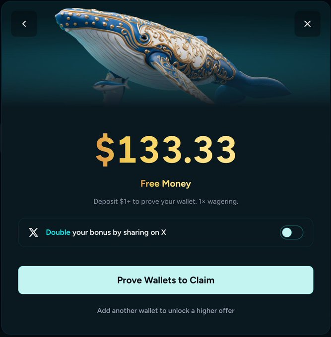 The image shows a promotional pop-up from Housebets offering $133.33 in free money (requiring a $1+ deposit and 1× wagering), featuring an ornate blue and gold whale illustration and a toggle to "Double your bonus by sharing on X" with a "Prove Wallets to Claim" button—directly illustrating the post's claim that Housebets rewards active traders for verifying their existing crypto wallets rather than just signing up.