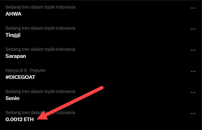 A screenshot of trending topics on X (Twitter) Indonesia shows "0.0012 ETH" (Ethereum) highlighted with a red arrow, relating to the post "Fyp macam ini woy!" which expresses surprise at seeing a crypto ticker trending alongside pop culture topics like AHWA, Tinggi, Sarapan, #DICEGOAT, and Senin.