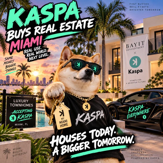 A promotional image for Kaspa cryptocurrency titled 'KASPA BUYS REAL ESTATE MIAMI' shows a Shiba Inu dog wearing sunglasses and a 'KASPA' shirt holding keys, with a luxury home and car in the background.