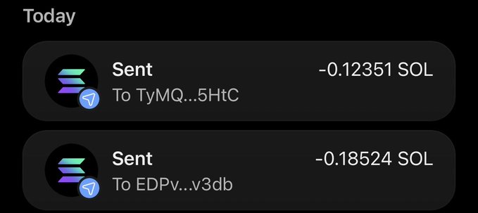The image shows a crypto wallet transaction history displaying two "Sent" transactions from Today: -0.12351 SOL sent to "TyMQ…5HtC" and -0.18524 SOL sent to "EDPv…v3db."

This image supports the post by providing visual evidence of the giveaway payouts, confirming that approximately 0.12 SOL and 0.18 SOL were sent to the two winners' wallet addresses, with another giveaway announcement to follow.