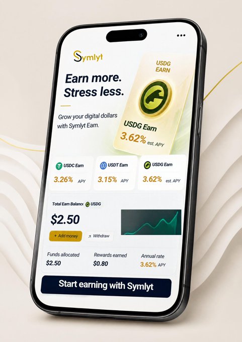 A smartphone displaying the Symlyt app interface, advertising "Earn more. Stress less." with USDG Earn at 3.62% APY and a total earn balance of $2.50.