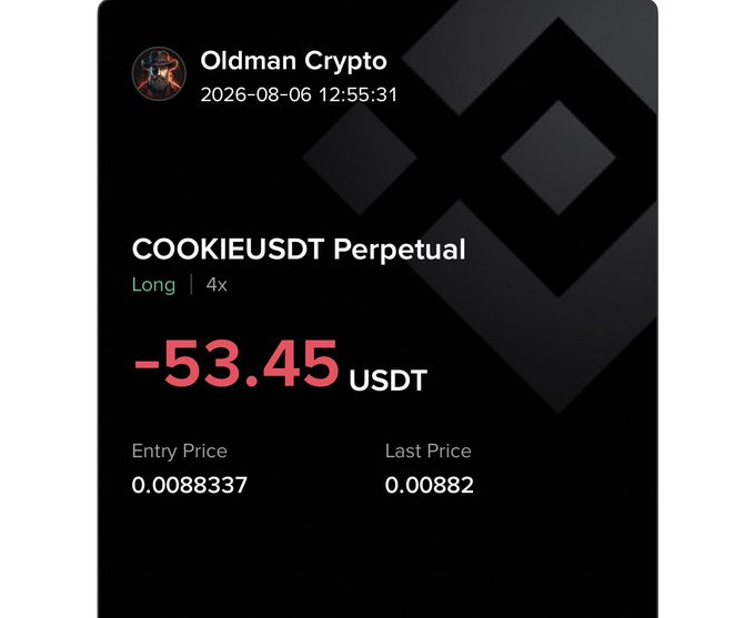A crypto trading alert from "Oldman Crypto" dated 2026-08-06 showing a COOKIEUSDT Perpetual Long position (4x leverage) currently down 53.45 USDT, with entry at 0.0088337 and last price at 0.00882. The image illustrates a losing long trade on the COOKIEUSDT pair, highlighting the risk of following monitored entry signals without proper risk management.