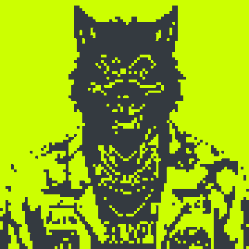 A pixelated, retro-style 8-bit illustration features a dark figure with cat-like ears and sunglasses holding a weapon against a bright yellow-green background. The image, styled like classic video game art, pairs with the post inviting viewers to choose a fighter on OpenSea.