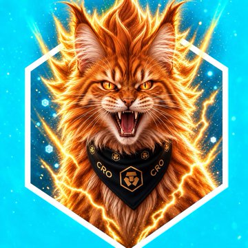 A digital artwork of a fierce orange tabby cat wearing a black bandana with 'CRO' lettering and a logo, surrounded by yellow lightning against a teal background.