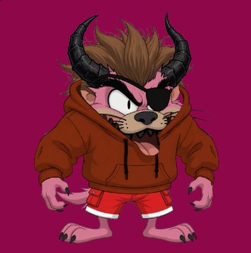 A cartoon character resembling a horned, dog-like creature wearing a brown hoodie and red shorts against a dark magenta background.