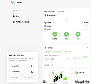 A mobile app screenshot of 'INFINI' showing a user account dashboard with USDT and USDC balances, and an annualized yield (APR) of 7.06%.
