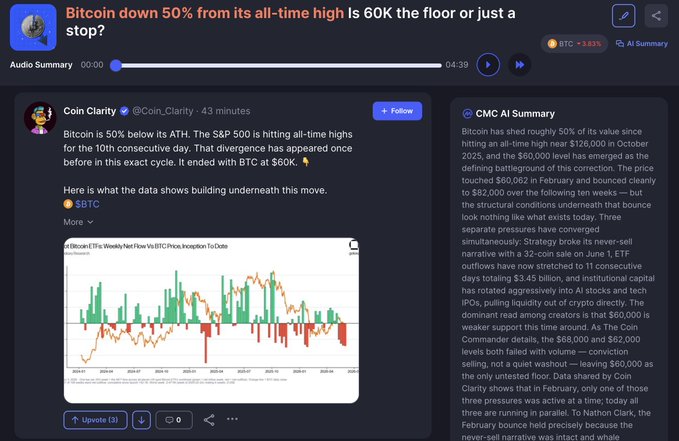 The post displays a graph of cryptocurrency prices with Bitcoin's value dropping by 50% from its high point, which has happened before. This has caused many investors in the crypto space to feel uncertain or concerned about their portfolio's potential losses. The image focuses on the relationship between Bitcoin's current status and what past events have shown, possibly highlighting the unpredictability of cryptocurrency markets.