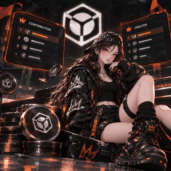 A stylized digital artwork depicts a young woman in black and orange streetwear sitting on barrels, with 'CONTRIBUTION' and 'CREATOR' leaderboard panels displayed on either side.