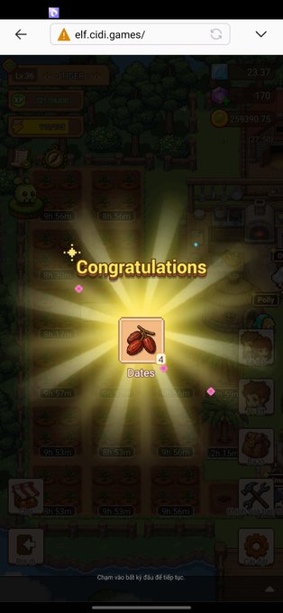 A screenshot of elf.cidi.games showing a 'Congratulations' reward popup for 4 Dates in an idle farming game.