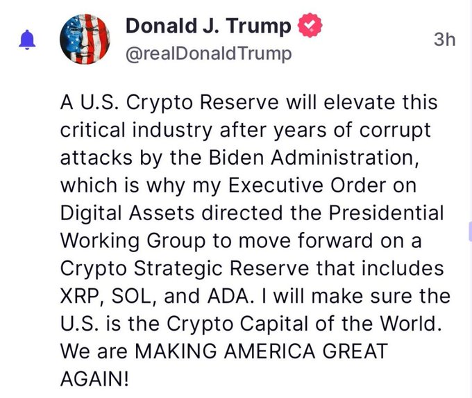 A tweet from Donald J. Trump (@realDonaldTrump) about establishing a U.S. Crypto Reserve including XRP, SOL, and ADA to make the U.S. the 'Crypto Capital of the World.'