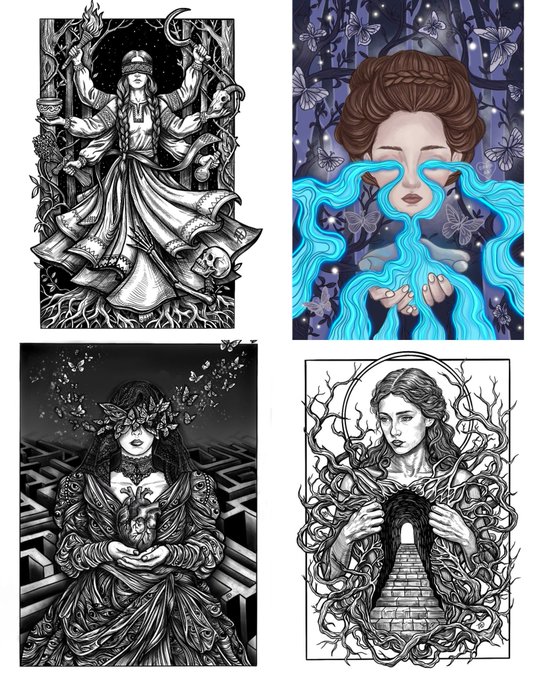 A collage of four artistic illustrations depicts mystical female figures with elements like moon symbols, butterflies, anatomical hearts, and flowing water or roots.