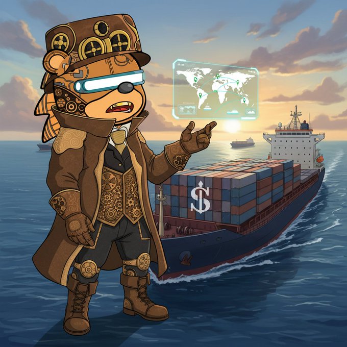 Cartoon illustration of a steampunk-styled character with a top hat and goggles standing before a large container ship at sea, pointing at a holographic world map interface.