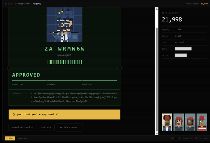 A screenshot of a webpage showing an approved application with ID 'ZA-WRMW6W' and handle '@mwangque99' from zaddr@minectl, displaying 21,998 total applications in the razzpool and a pixel art avatar.