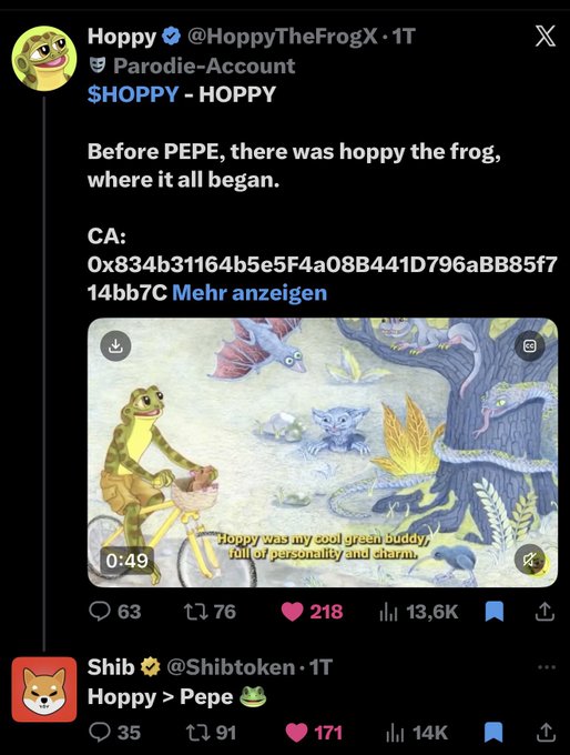 A screenshot of an X (Twitter) post by Hoppy (@HoppyTheFrogX) for $HOPPY with the text 'Before PEPE, there was hoppy the frog, where it all began,' including the contract address (CA) 0x834b31164b5e5F4a08B441D796aBB85f714bb7C and a reply from Shib (@Shibtoken) saying 'Hoppy > Pepe'.