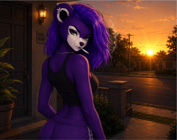 An anthropomorphic purple bear character with wild hair and a tank top smokes a cigarette on a porch at sunset.