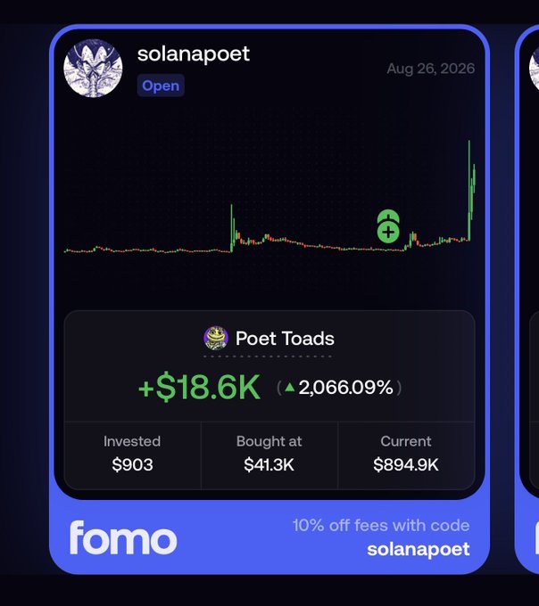 A screenshot from the "fomo" app displays a portfolio gain of +$18.6K (up 2,066.09%) on the "Poet Toads" token by user "solanapoet," with an invested amount of $903 that has grown from a "Bought at" market cap of $41.3K to a current market cap of $894.9K as of Aug 26, 2026. The caption and promo code "solanapoet" reflect the user's emotional attachment to the Solana community and their intent to preserve this profitable moment rather than sell.
