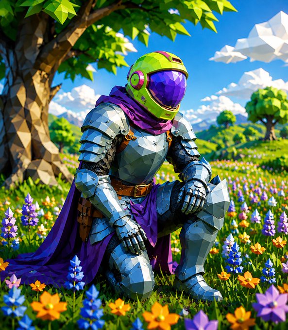 A low-poly style digital illustration of a knight in silver armor with a neon green and purple helmet, wearing a purple cape and kneeling in a field of colorful flowers under a tree.