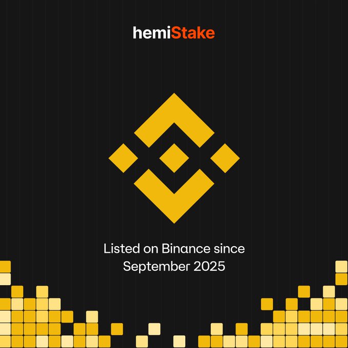 A promotional graphic for 'hemiStake' shows the Binance logo in gold on a dark background, with text stating 'Listed on Binance since September 2025'.