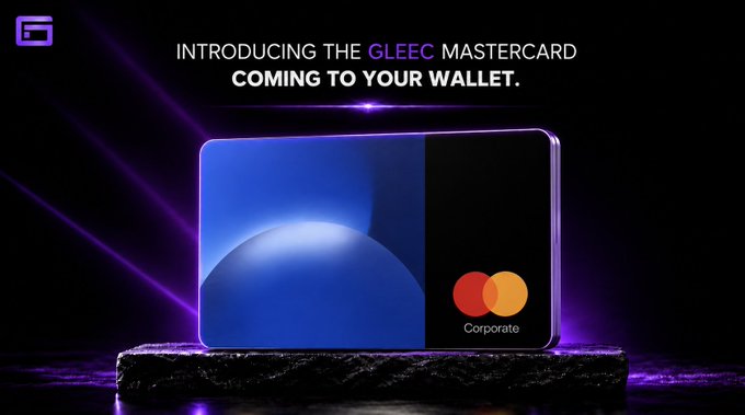 A promotional advertisement for the 'GLEEC MASTERCARD' featuring a dark blue and black card with the Mastercard 'Corporate' logo, set against a purple-lit background with the text 'INTRODUCING THE GLEEC MASTERCARD - COMING TO YOUR WALLET.'