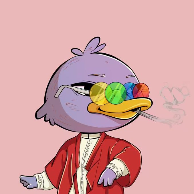The image features a cartoon duck wearing glasses and a red coat with white lace trim. The duck has a big smile, giving off a friendly vibe. The background of the image is pink, which complements the overall color scheme of the cartoon character. The text in the image reads "To become part of the @wallchain family, I recommend purchasing at least one Quack Heads NFTs". This suggests that the duck might be related to the Quack Heads NFT community or has been created as a part of their NFT collection.