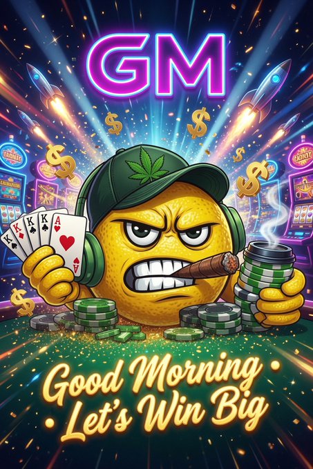 Colorful cartoon illustration of an angry lemon character wearing a green cap with a marijuana leaf, holding playing cards and a cigar, with a neon 'GM' sign and 'Good Morning - Let's Win Big' text.