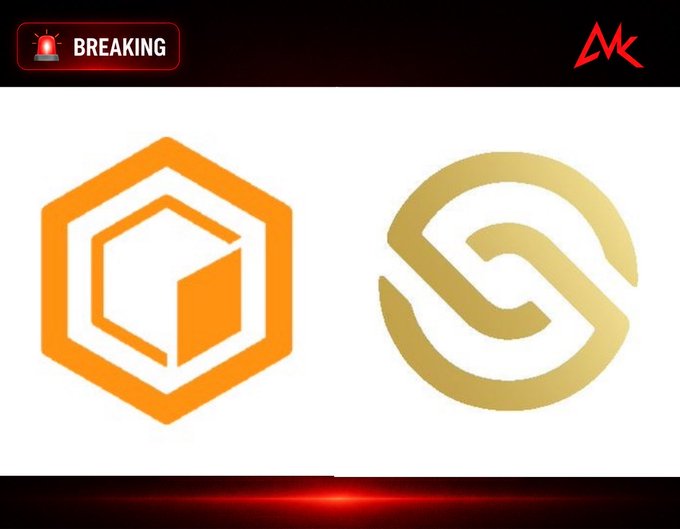 A 'BREAKING' news graphic featuring two cryptocurrency logos side by side - an orange hexagonal logo (Crypto.com/CRO) on the left and a gold 'S'-shaped logo (SPX6900/SPX) on the right.