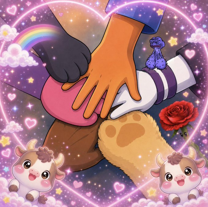 A colorful cartoon illustration of four hands stacked together within a heart frame, surrounded by sparkles, cows, a rainbow, a rose, and a small purple dragon.