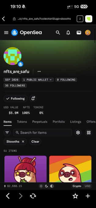 A mobile screenshot of the OpenSea website showing the 'nfts_are_safu' collection profile with a USD value of $5.9M and 36 followers, displaying colorful NFT items in the 'Slooths' collection.