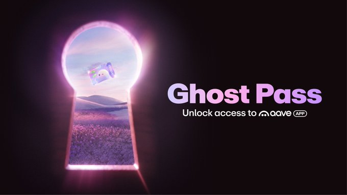 The image features a glowing keyhole-shaped portal revealing a dreamy purple lavender field with a camera icon floating inside, alongside the text "Ghost Pass - Unlock access to Aave App," visually promoting early access to the Aave savings app by symbolizing a "pass" to bypass the waitlist.
