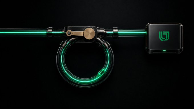 A sleek product shot of a custom water cooling loop with glowing green coolant, featuring a black reservoir with a green logo and a brass-accented flow sensor.