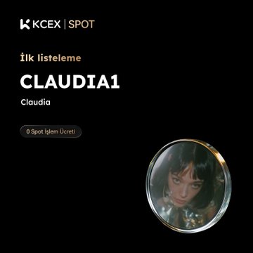 A KCEX SPOT app listing for 'CLAUDIA1' by Claudia, showing a circular profile photo of her and Turkish text 'İlk listeleme' and '0 Spot İşlemi Ücreti'.