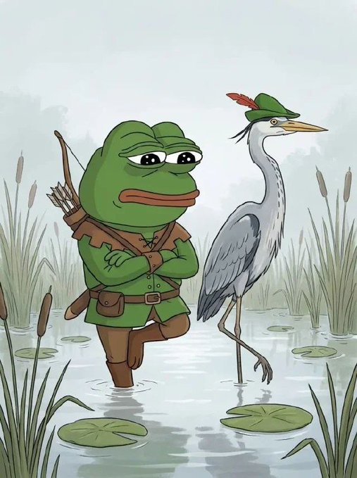 Illustration of the Pepe the Frog character dressed as a Robin Hood-style archer standing in a swamp beside a heron wearing a green feathered cap.