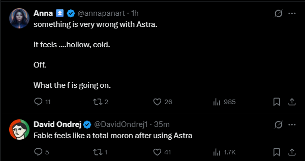 A screenshot of a social media thread where user 'Anna (@annapanart)' tweets that 'something is very wrong with Astra' and it feels 'hollow, cold,' followed by 'David Ondrej (@DavidOndrej)' saying 'Fable feels like a total moron after using Astra.'