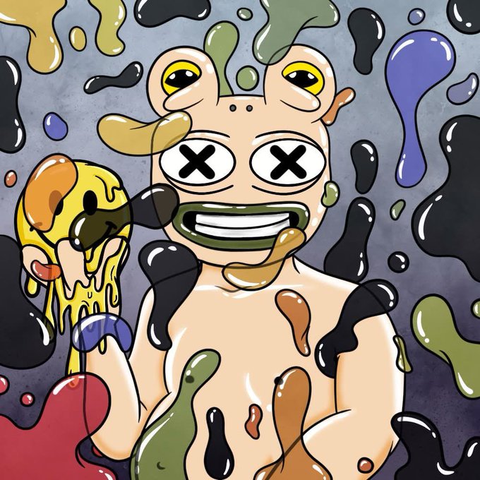 Surreal cartoon illustration of a nude figure with X-shaped eyes, a wide grin, raised hands, and black, green, orange, and purple slime-like shapes surrounding it.