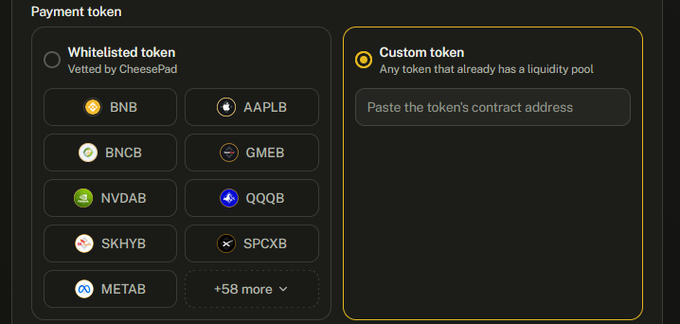A payment token selection screen on CheesePad shows whitelisted tokens (BNB, AAPLB, BNCB, GMEB, NVDAB, QQQB, SKHYB, SPCXB, METAB) and an option to paste a custom token contract address.