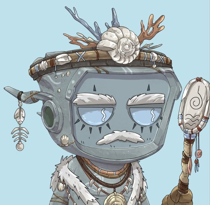 An illustration of a robot or mechanical character with a tribal/shamanic aesthetic, featuring a large head with closed eyes, a white mustache, antlers with a shell on top, and holding a staff with a carved face.