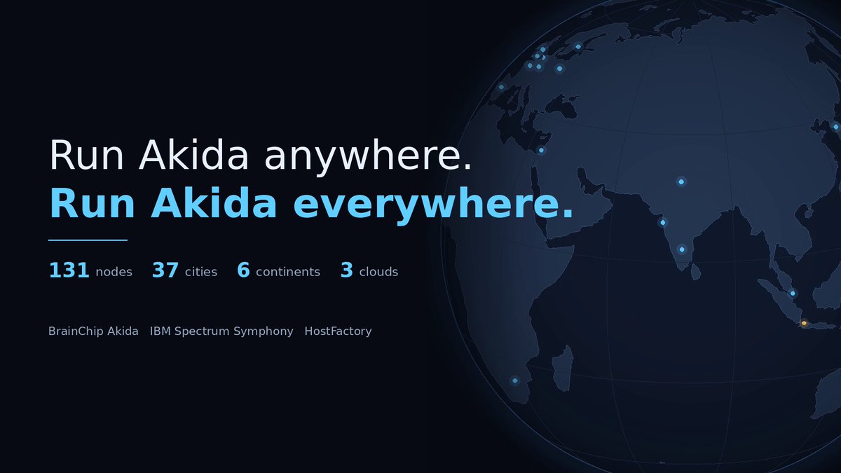 A dark promotional graphic with a globe showing node locations, displaying the text 'Run Akida anywhere. Run Akida everywhere.' along with '131 nodes, 37 cities, 6 continents, 3 clouds' and references to 'BrainChip Akida', 'IBM Spectrum Symphony', and 'HostFactory'.