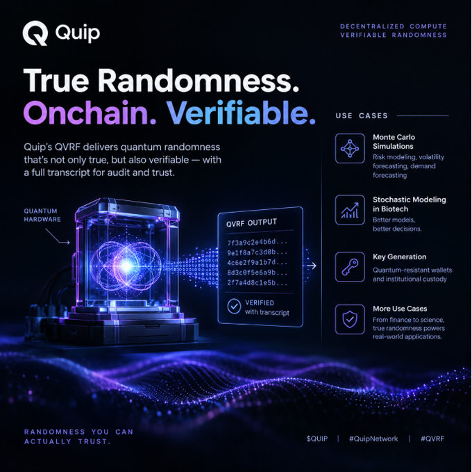 A promotional graphic for Quip Network advertising 'True Randomness. Onchain. Verifiable.' featuring quantum hardware imagery and use cases like Monte Carlo Simulations and Stochastic Modeling.