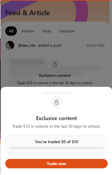 A mobile app screen titled 'Feed & Article' shows a popup for 'Exclusive content' requiring the user to trade $10 in volume to unlock.