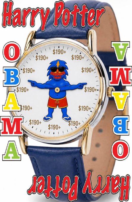 A Harry Potter-themed watch featuring a blue cartoon character wearing sunglasses on the watch face with $190+ prices, surrounded by colorful letters spelling 'OBAMA' on the left and 'AWAW BO' on the right.