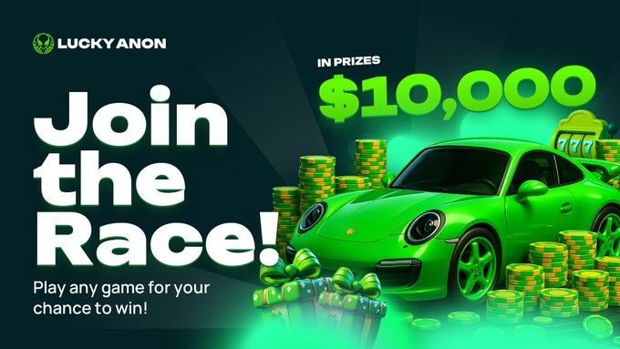 A promotional graphic for "Lucky Anon" featuring a green Porsche 911 surrounded by stacks of gold coins and lucky clovers, advertising $10,000 in prizes and encouraging players to "Join the Race!" by playing any game for a chance to win, tying into the weekly leaderboard race where top 1,000 finishers earn no-wager USDT prizes claimable every Wednesday.